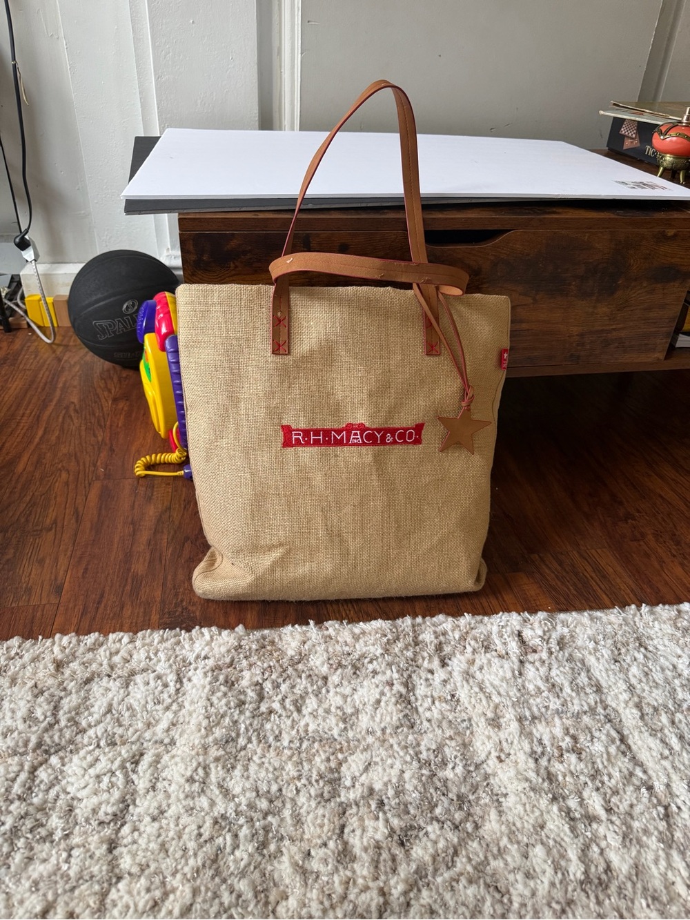 Celine Beige Canvas Tote with Brown Leather Handles and Red Logo